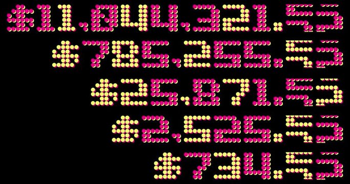 A looping animation of flashing casino slot machine jackpot values. Five different amounts.  	