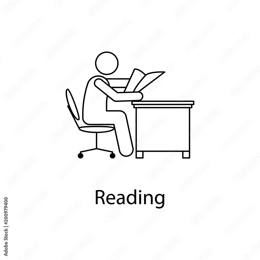 Poster worker is reading icon. element man in front of a computer in the workplace for mobile concept and w
