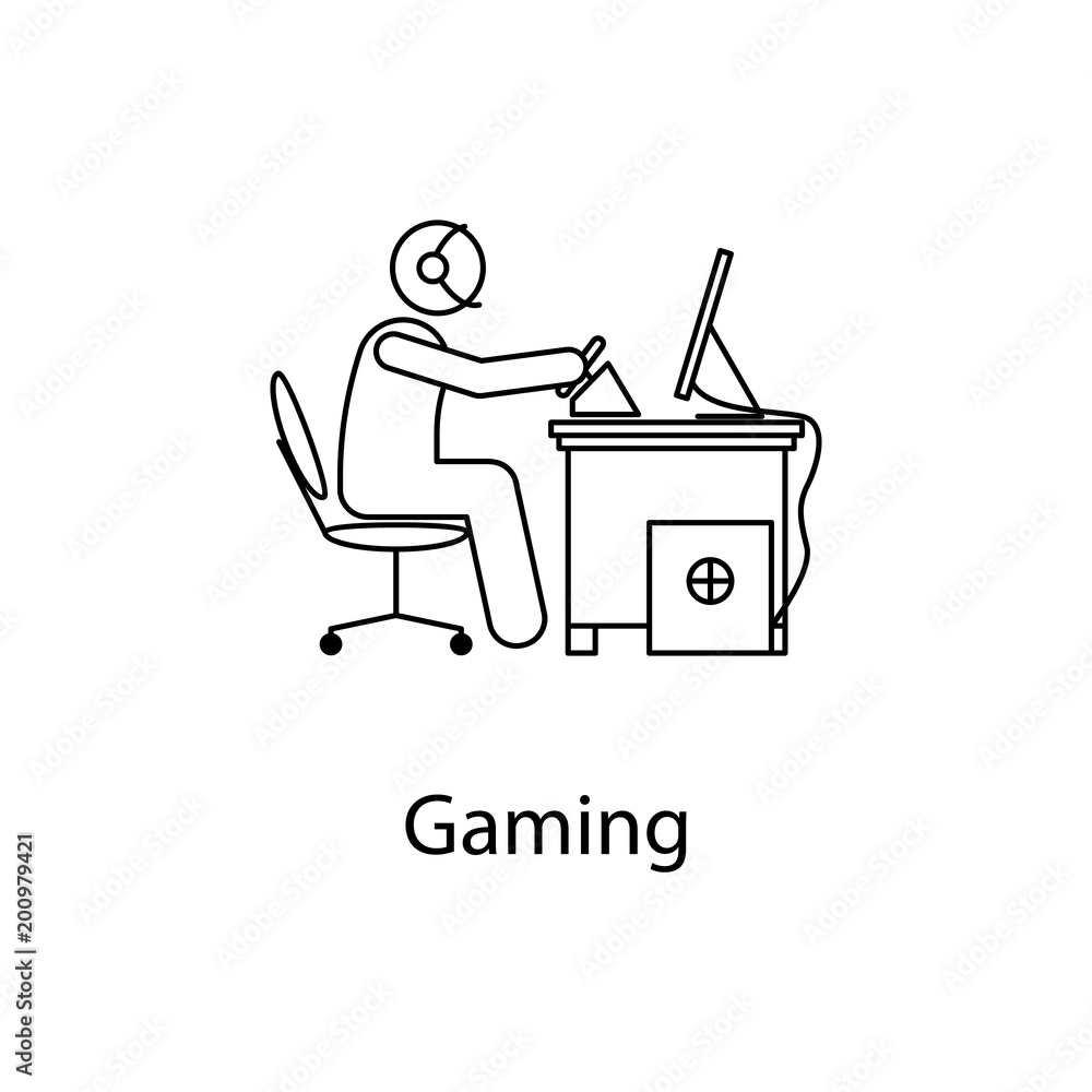 Poster workerr is playing game icon. element man in front of a computer in the workplace for mobile concept