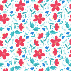 Naklejka premium Cute elegant floral hand drawn seamless pattern. Red and blue flowers on white background. Ditsy print. Perfect for textil design, scrapbooking etc. Vector illustration