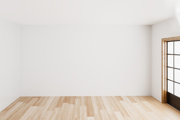 Blank simple interior room background empty white walls corner and white wood floor contemporary,3D rendering