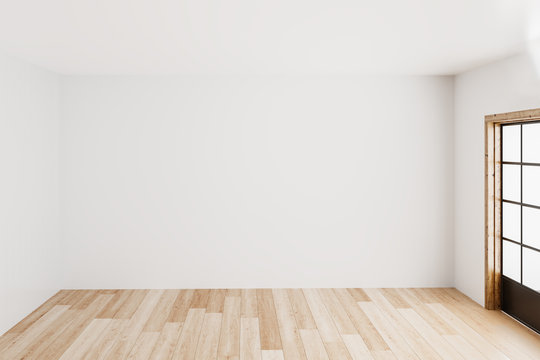 Blank simple interior room background empty white walls corner and white wood floor contemporary,3D rendering © jes2uphoto