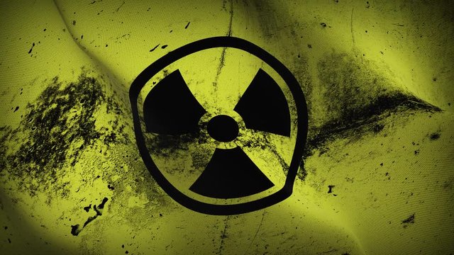 Radioactive grunge flag waving loop. Radioactive dirty flag blowing on wind.