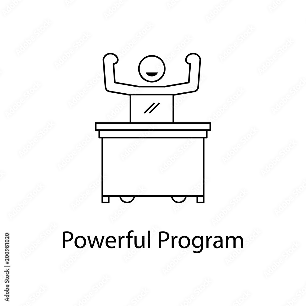 Poster worker with powerful program icon. element people at the workplace for mobile concept and web apps. 