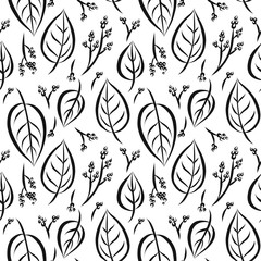 Vector seamless pattern of graphical leaves shapes, monochrome botanical illustration, floral elements, hand drawn repeatable background. Artistic backdrop.