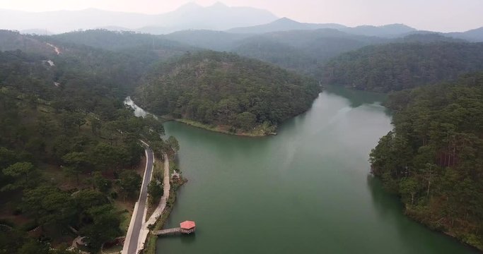 AERIAL 4K: Beautiful mountain lake in Vietnam,Dalat city area