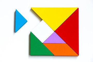 Colorful wood tangram puzzle in square shape that wait to complete on white background