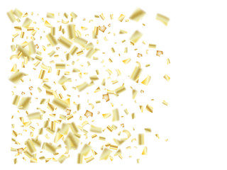 Gold, Silver Foil Confetti Falling Down. Elegant Christmas, Birthday Party, New Year Winter Background. Gift Card, Sale Golden Tinsel Texture. Noble Gold, Silver Foil Confetti Border