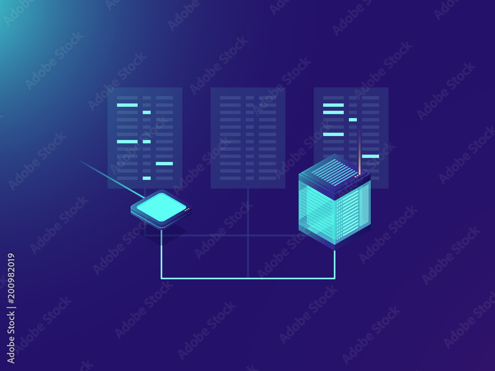 Poster file transfer process, processing big data, server room, data center, cloud storage concept, interne