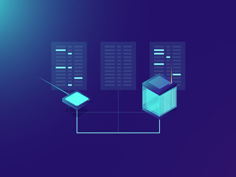 File transfer process, processing big data, server room, data center, cloud storage concept, internet conection, network topology neon isometric gradient