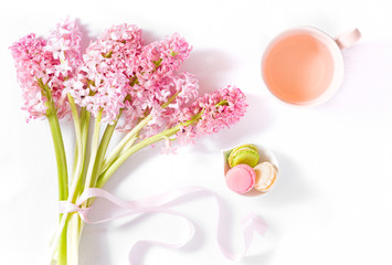 Still Life of Hyacinth Bouquet with Rose Water and Mini Macrons