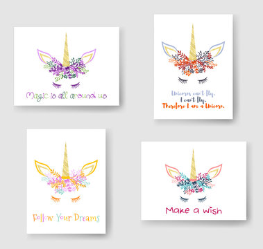 Unicorn horn in flowers and twigs wreath tiara illustration on cards  collection. Creative vector meme unicorn head with horn, flowers and quotes  phrase text. Follow Your Dreams, make a wish quote. Stock