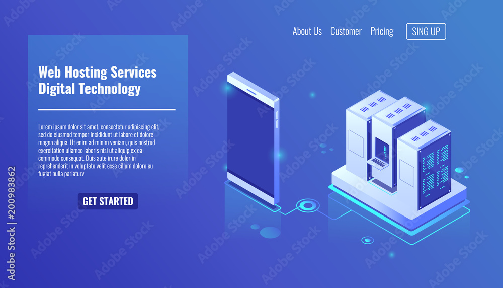 Poster web hosting services, isometric server room vector, digital technology, server rack, save file on cl
