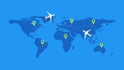 Infographic Vector Illustration With Planes, Dotted Direction Paths And Map Pointers Over Worldmap. Template For Plane Tracking Design