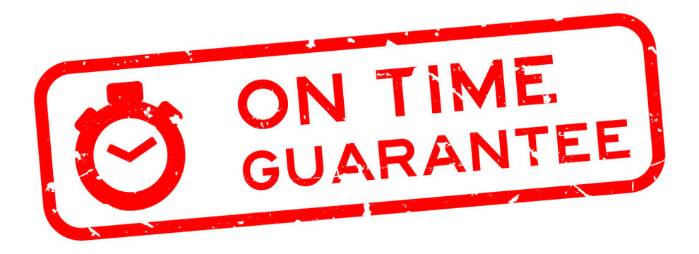 Grunge red on time guarantee word with stopwatch icon square rubber seal stamp on white background