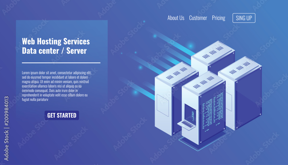 Poster computer hardware, server room rack, website hosting, database datacenter isometric vector illustrat