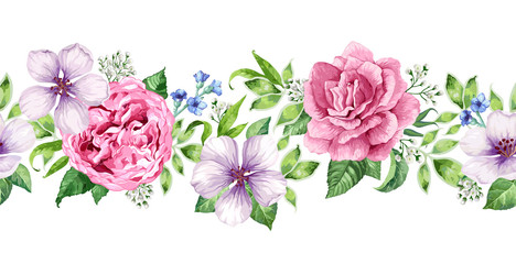 Seamless Floral background in watercolor style isolated on white.