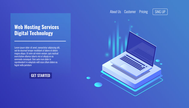 Open laptop, concept of web hosting services, computer technologies isometric vector illustration