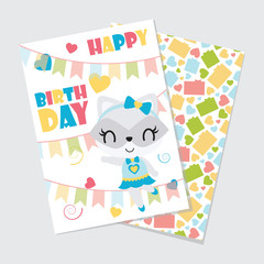 Cute girl raccoon and colorful buntings vector cartoon illustration for happy birthday card design, postcard, and wallpaper
