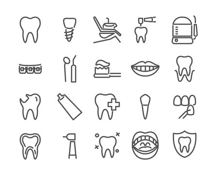 Dentist icon set made in line style. Includes such icons as healthy tooth, dental implant, oral irrigator, smile, veneer, oral cavity and more, 48X48 pixel perfect editable stock vector illustration.
