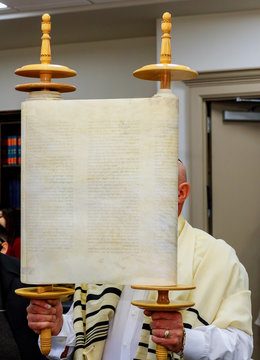 A Jewish man holding Torah scrolls of Orthodox Jews prayer