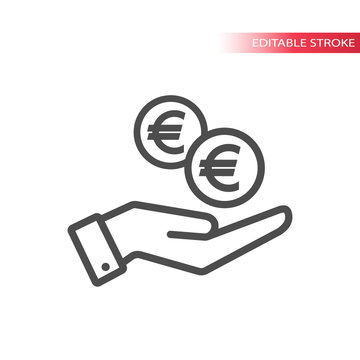 Outline flat icon of  euro coins falling in hand. Hand and coins dropping web pictograph. Euro coin and a palm.