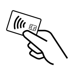 Vector contacless payment card with sim held in hand icon on white background