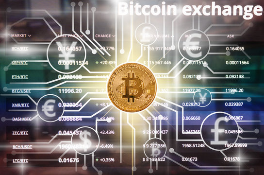 Bitcoins mockup over the Abstract photo of FINTECH connection on the Cryptocurrency trading and Bitcoin exchange screen of trading information background,Fintech and Block chain technology concept