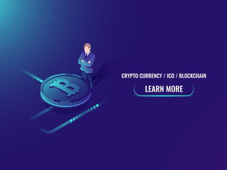 Isometric bitcoin investment and mining, cryptocurrency buy web page vector illustration
