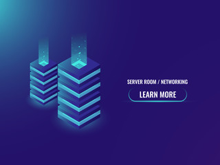 Server room and database isometric concept, cloud storage, server room, website hosting, digital technology, futuristic energy station