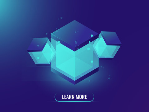 Cloud storage isometric vector concept, abstract neon object, technology background, database concept, shining cube box