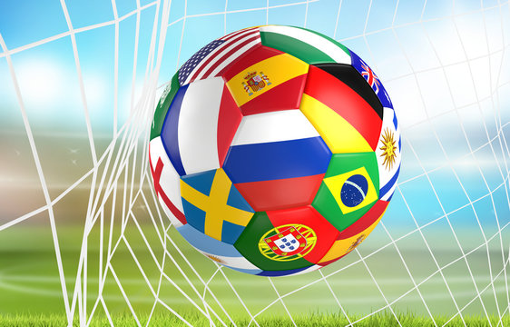 flags soccer ball in soccer net. socer goal 3d rendering
