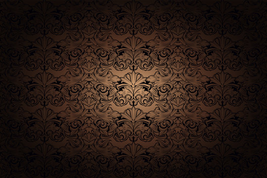 vintage Gothic background in gold, bronze, caramel, chocolate, and black with classic Baroque pattern, Rococo with darkened edges