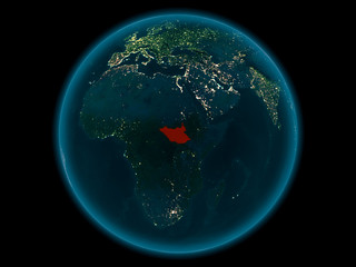 South Sudan on planet Earth in space at night
