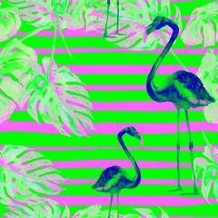 Summer Beach Background. Watercolor Seamless Pattern. Hand Painted Tropic Summer Motif with Hawaiian trees.