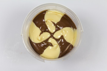 Whipped cream, chocolate sauce isolated on white background