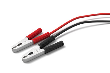 3d rendering of two sets of red and black car battery clamps connected to a cable.