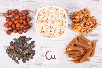 Healthy food containing copper, minerals and dietary fiber, healthy nutrition concept