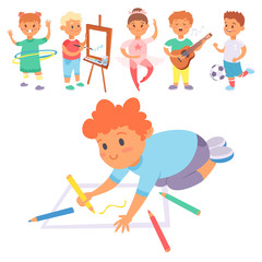 Children playing vector different types of home games little kids play summer outdoor active leisure childhood activity.