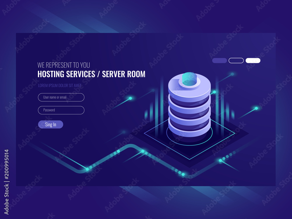 Poster hosting services, data center, server server room, template of page on information technologies them