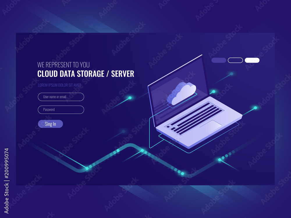 Poster cloud data storage, remote data access, backup copy services, open lptop with loud icon isometric ve