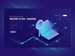 Directory of data, information serching result, book with magnifying glass, search engine optimisation, information technologies isometric vector ultraviolet
