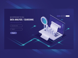 Data analysis, infromation serchning, data center query, search engine optimisation, concept site position result, laptop with paper bill magnifying glass isometric vector ultraviolet