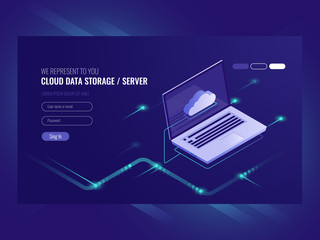 Cloud data storage, remote data access, backup copy services, open lptop with loud icon isometric vector ultraviolet