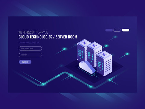 Cloud data center, server room icon, information request processing, computer technologies, isometric vector ultraviolet