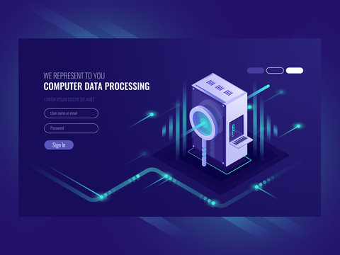 Computer data processing, search engine optimisation, server room, infromation technologies, data processing, web hosting isometric vector ultraviolet