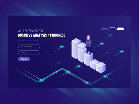 Business analysis and progress concpet, businessman, schedule of data, strategy isometric, chart moves up, vector ultraviolet