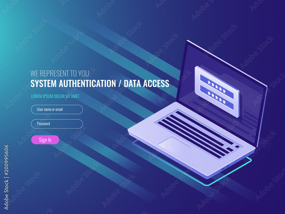 Aufkleber system of authentication, data access, user login form on laptop screen, it isometric 3d vector