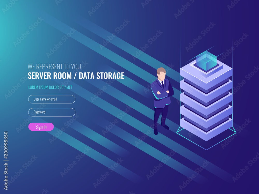 Aufkleber data center concept, databases and internet information security, system administration, it isometri