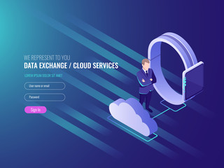 Concept of cloud server data exchenge, cloud services, smart watch with businessman, global network, internet data cecure IT isometric 3d vector